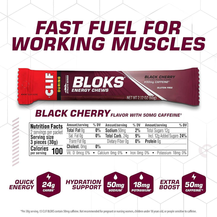 CLIF BLOKS - Black Cherry Flavor with Caffeine - Energy Chews